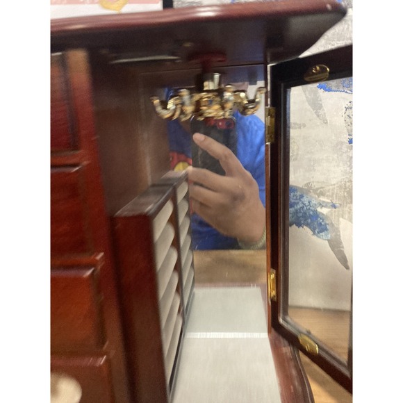 Vintage Wooden Armoire Jewelry Box Chest Necklace Carousel Etched Flowers - Picture 5 of 16